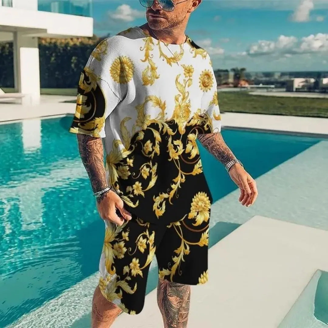 2025 Summer New Men's Luxury Gold Pattern Sportswear 3D Printed Short Sleeve T-shirt Set Fashionable Casual Men's T-shirt Two Pi
