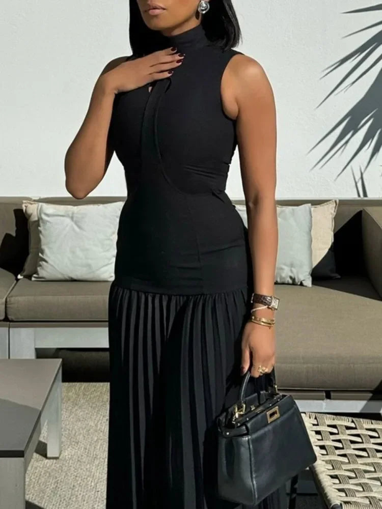 Bonboho 2024 New Summer Dress for Women High Neck Sleeveless Skinny Long Dress Solid Black High Waist Pleated Party Dresses