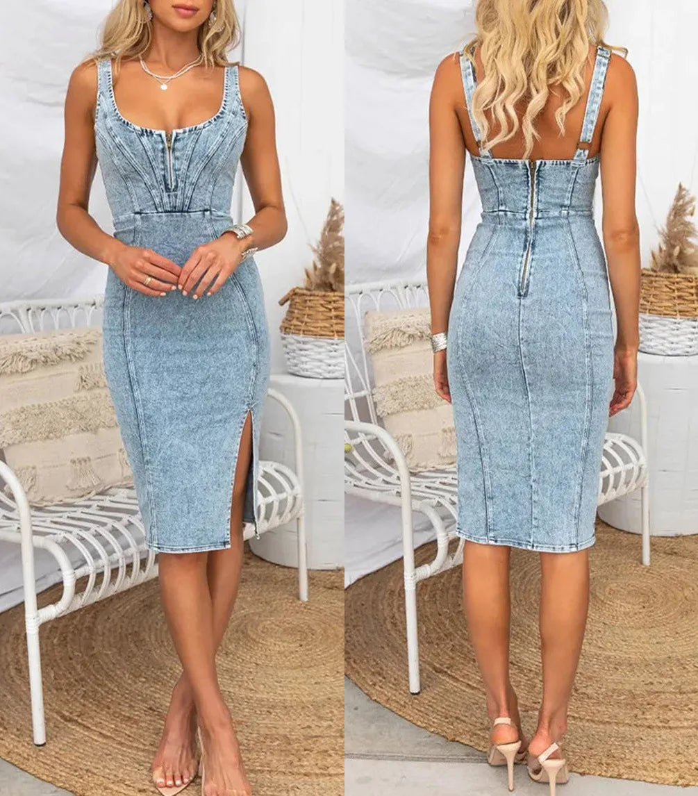 Sexy Slim Tube Top Denim Dresses Women Fashion Package Hip Bodycon Slit Denim Dress Female Trendy Streetwear Vestidos Summer New