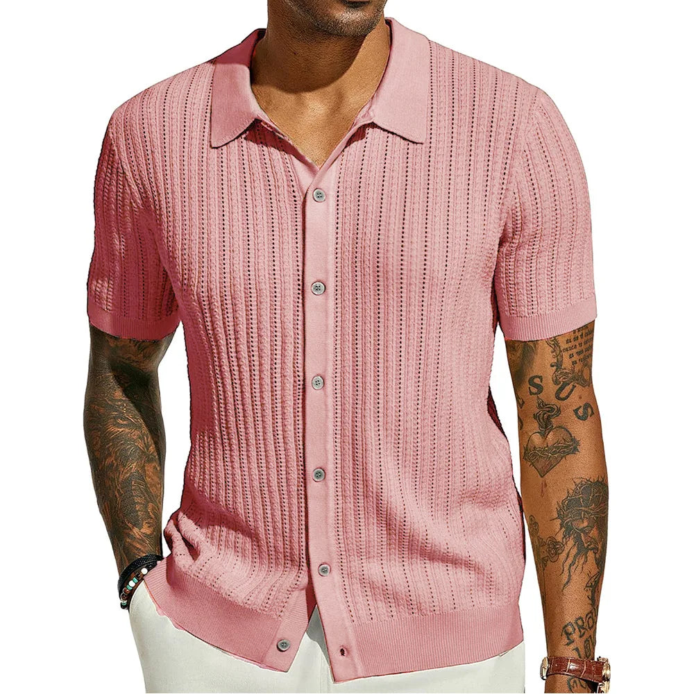 Summer Men's Casual Shirt Breathable Hollow Out Knit Shirt Short Sleeve Lapel Lightweight Top for Men European American Loose