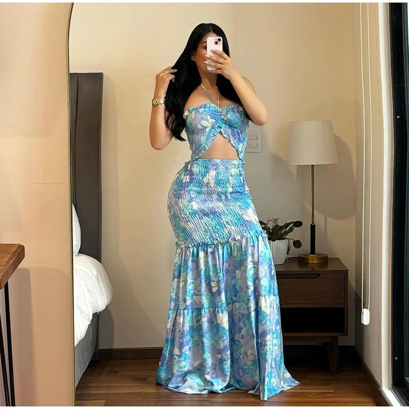 Printed Strap Pleated Long Dress Women Backless Off Shoulder Patchwork Ruffle Summer 2025 Dresses Party Vacation Chic Sexy Robe
