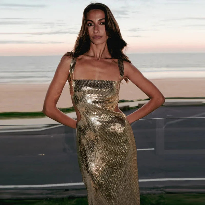 Sexy Square Neck Sling Long Dress Women Slim Sleeveless Backless Hollow Out Maxi Dresses 2025 Lady Party Christmas Gowns