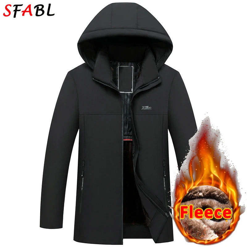 New Hooded Fleece Lining Men's Winter Jacket Coat Parka With Zipper Pockets Korean Winter Jackets for Men's Winter Coats Black