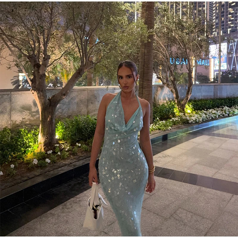 Elegant Sequin Halter Long Dress Women Sexy Bule Backless Sleeveless Slim Asymmetrical Beach Dresses Lady Chic Party Holiday