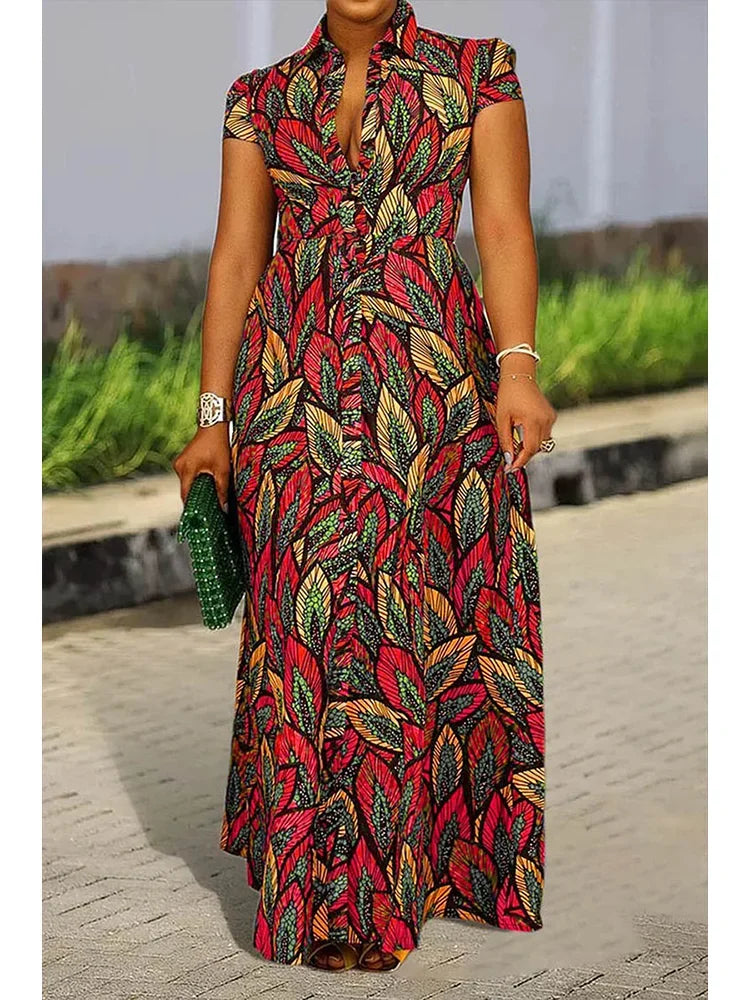 Women Plus Size Dress Floral Printed Sleeveless Turn Down Collar Slim Waist Button Long Dress Elegant Casual Vintage Dresses