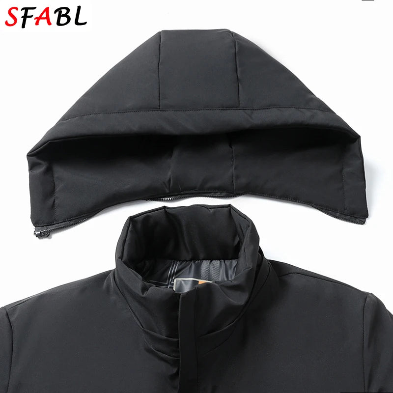 New Hooded Fleece Lining Men's Winter Jacket Coat Parka With Zipper Pockets Korean Winter Jackets for Men's Winter Coats Black