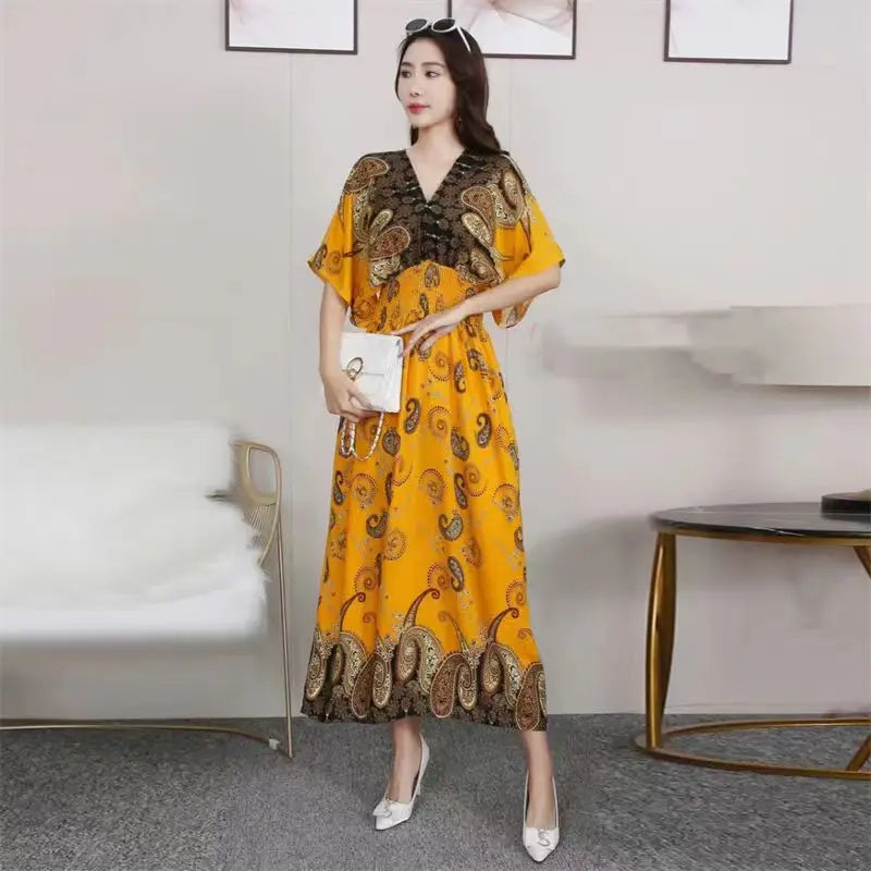V-neck Large Skirt Hem Casual Sweet Holiday Long Dress Bat Sleeves Elastic Waist Bohemian Print Floral Elegant Dresse For Women
