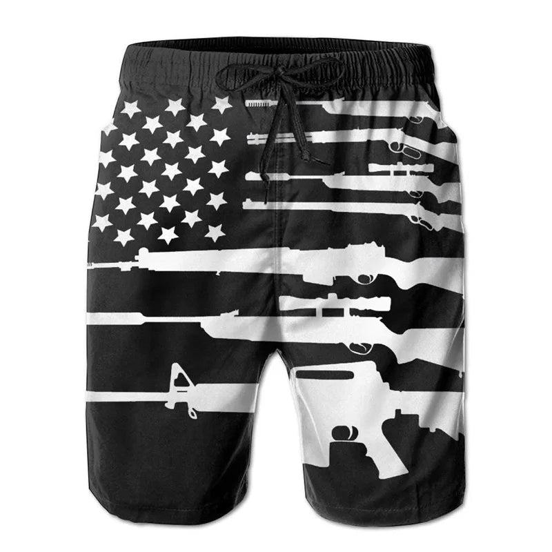 American Flag Gun Weapons Hawaii 3D Printing Hip Hop Board Shorts Summer Swimsuit Surf Swim Trunks Big Size Swimwear Men Beach