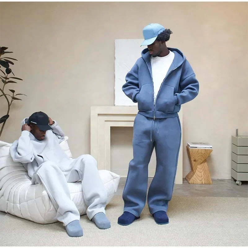 Korean Fashion Solid Color Sweatshirt Fleece Two-Piece Men's Y2K New Harajuku Casual Joker Straight Pants Couple Street Wear