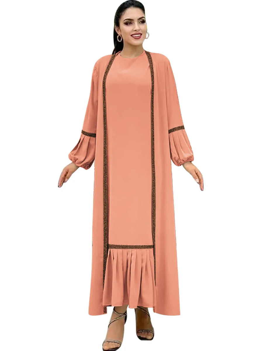 Muslim Women Hijab Dress 2 Piece Set Eid Lantern Sleeve Maxi Long Dress Islamic Clothing Caftan Kimono Big Swing Abaya Dresses