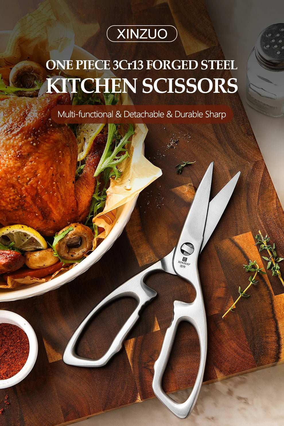 XINZUO Kitchen Scissors One Piece 3Cr13 Stainless Forged Steel Kitchen Powerful Multi-Function Chicken Bone Kitchen Shears