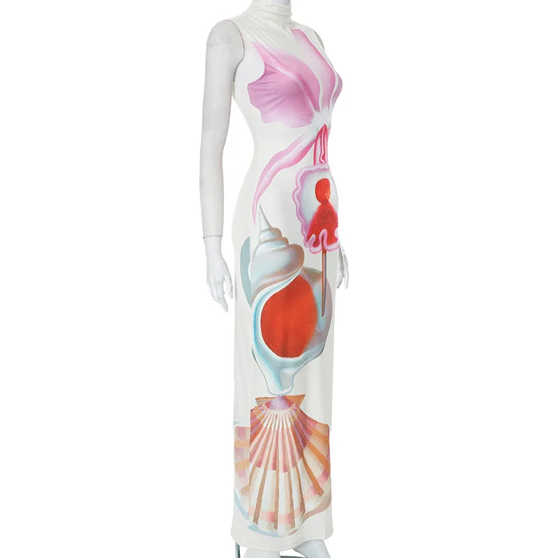 2024 Spring Summer Women long Dress Turtleneck Print Slit Round Neck Sleeveless Slim Fit Maxi Dress Robes Female Party Vestidos