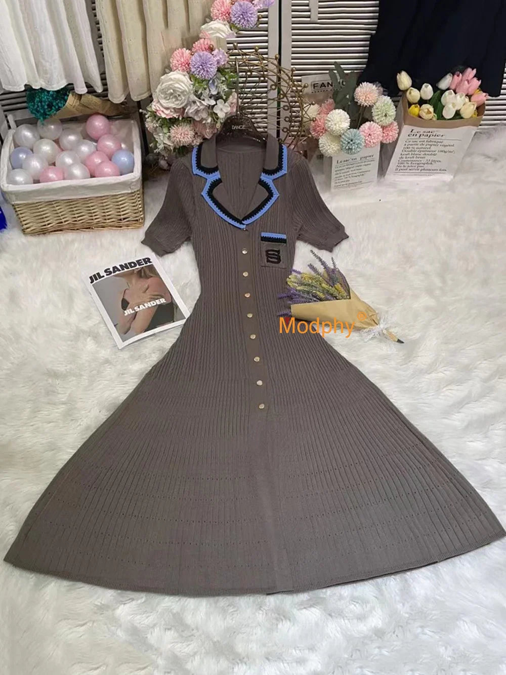 Modphy 2025 Elegant Slim Knitted Long Dress Women's Letter Single Breasted Long Sleeved Designer Vintage Dresses Autumn