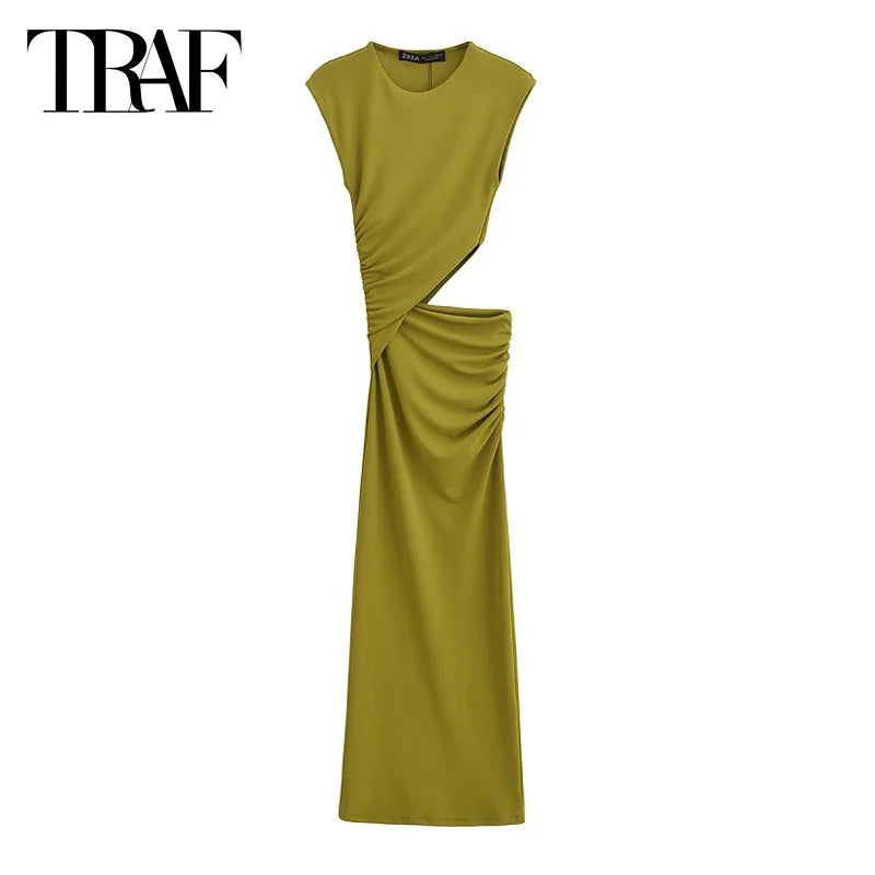 TRAF Women's Green Cut Out Midi Dress 2025 Spring Summer Sleeveless Long Dress Fashion Casual Party Evening Sexy Dress Vestidos