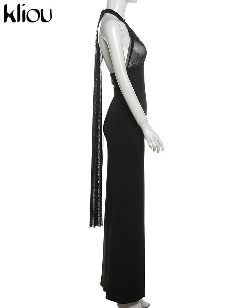 kliou Ribbons Women Long Dress Patchwork Cross Halter Sleeveless Backless Straight Vestidos Female Elegant Evening Classic Robe
