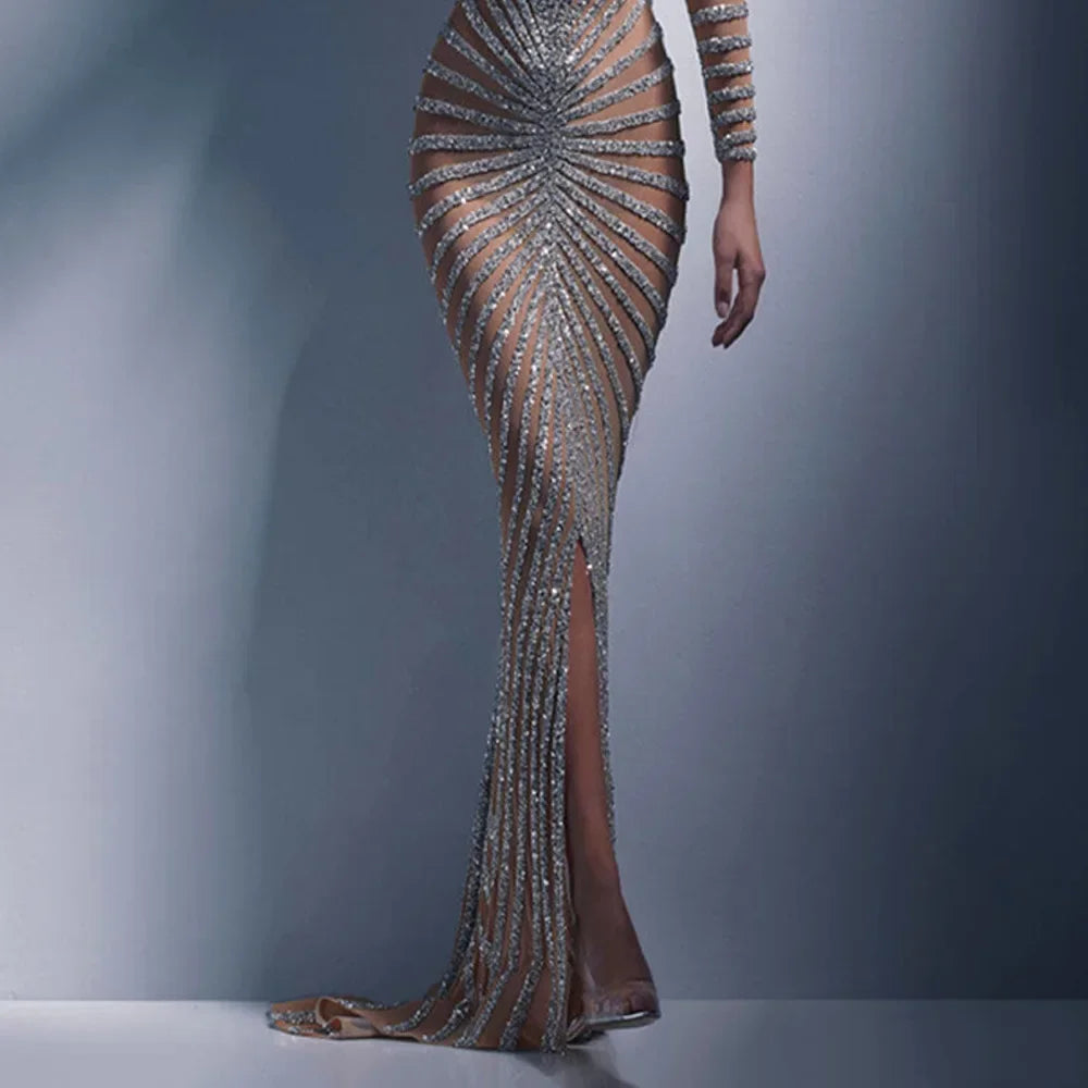 2024 New Spring Fashionable Embellished Women's Mesh Dress Long Sleeve Side Slit Long Dress For Women