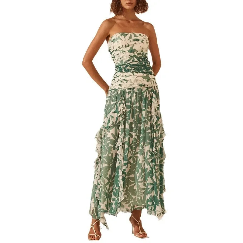 2025spring/summer New Printed Strapless Long Dress with A Stylish Design and Pleated Long Chiffon Dress for Women's Evening Wear