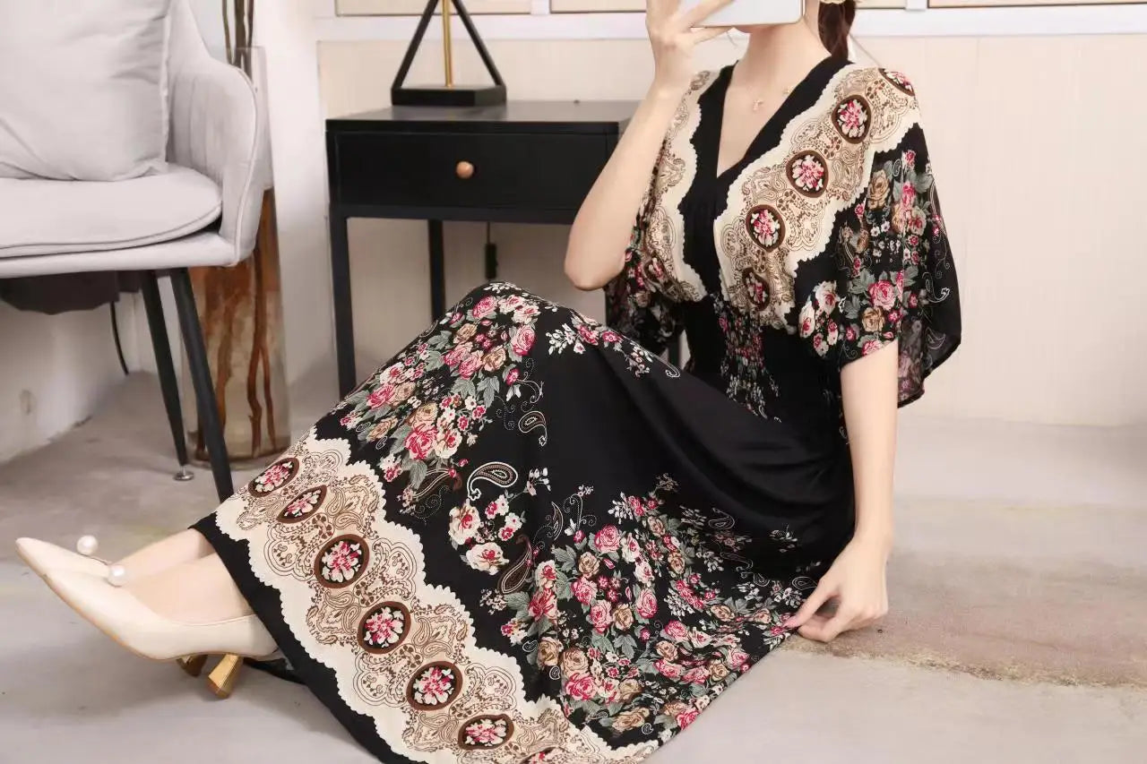 V-neck Large Skirt Hem Casual Sweet Holiday Long Dress Bat Sleeves Elastic Waist Bohemian Print Floral Elegant Dresse For Women