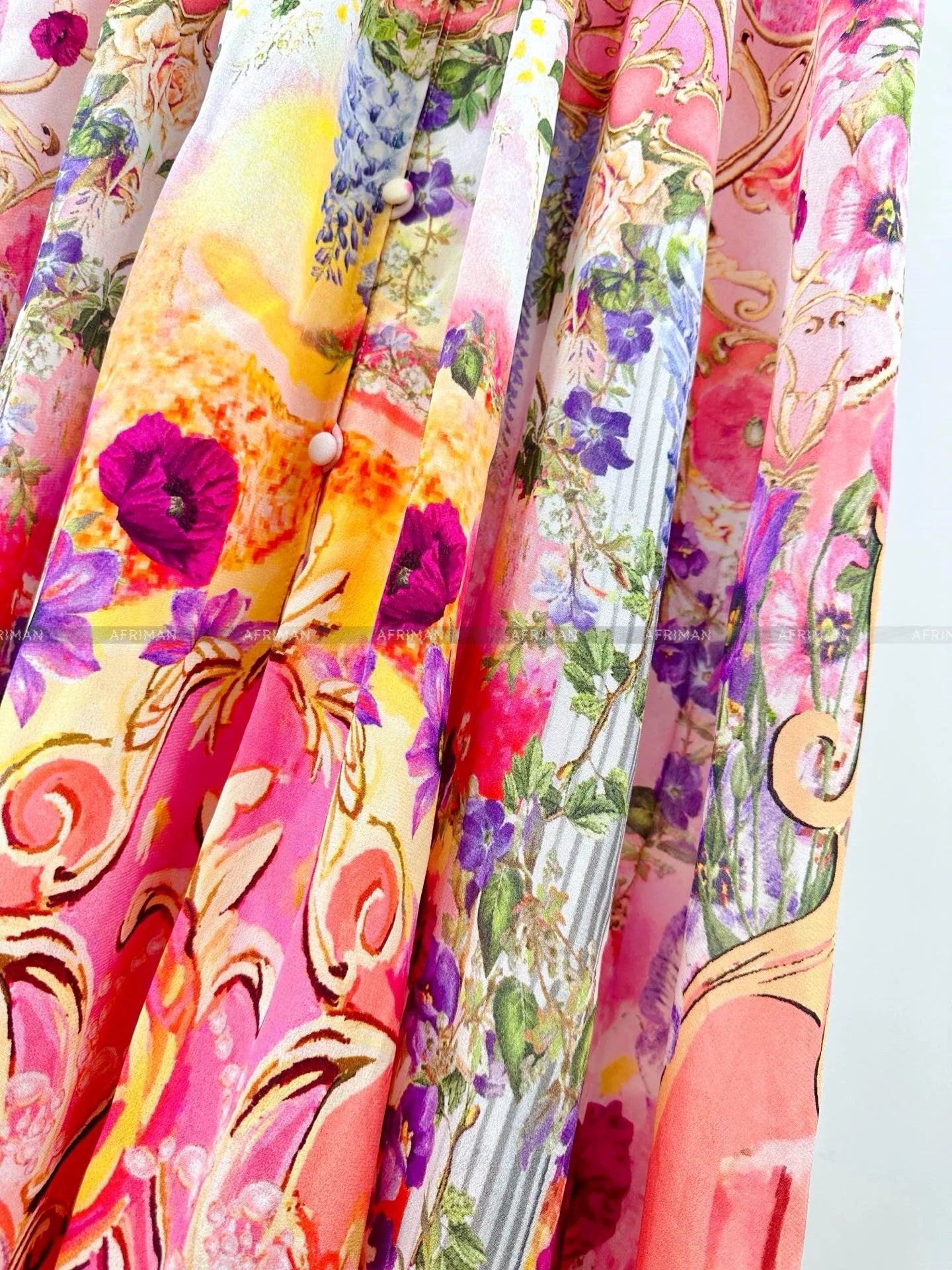 Women V Neck Crystal Beaded Pink Flower Print 3D Flower Embroidery Long Sleeve Silk Long Dress