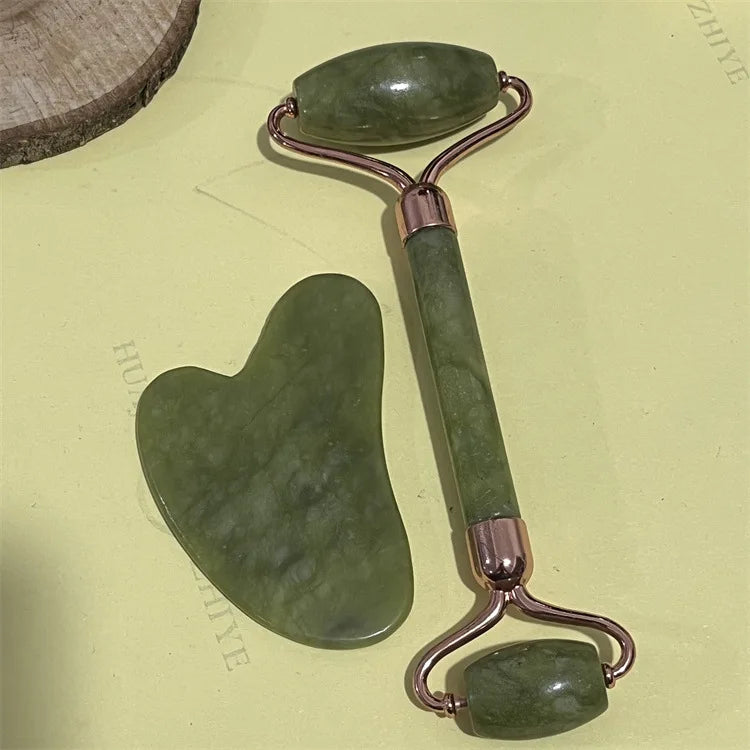 Natural Jade Double Head Roller Health Beauty Treatment Device Scraping Board Set Xiuyan Face Massager To Lift Remove Wrinkles