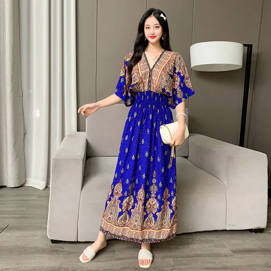 V-neck Large Skirt Hem Casual Sweet Holiday Long Dress Bat Sleeves Elastic Waist Bohemian Print Floral Elegant Dresse For Women