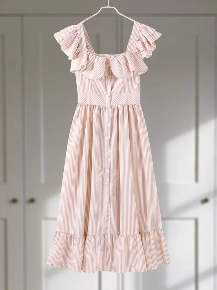 Flying Sleeve Ruffle Striped Slip Long Dress Women Elegant Square Collar Waist Cinching Pleat Party Dresses Chic Ladies Vestido