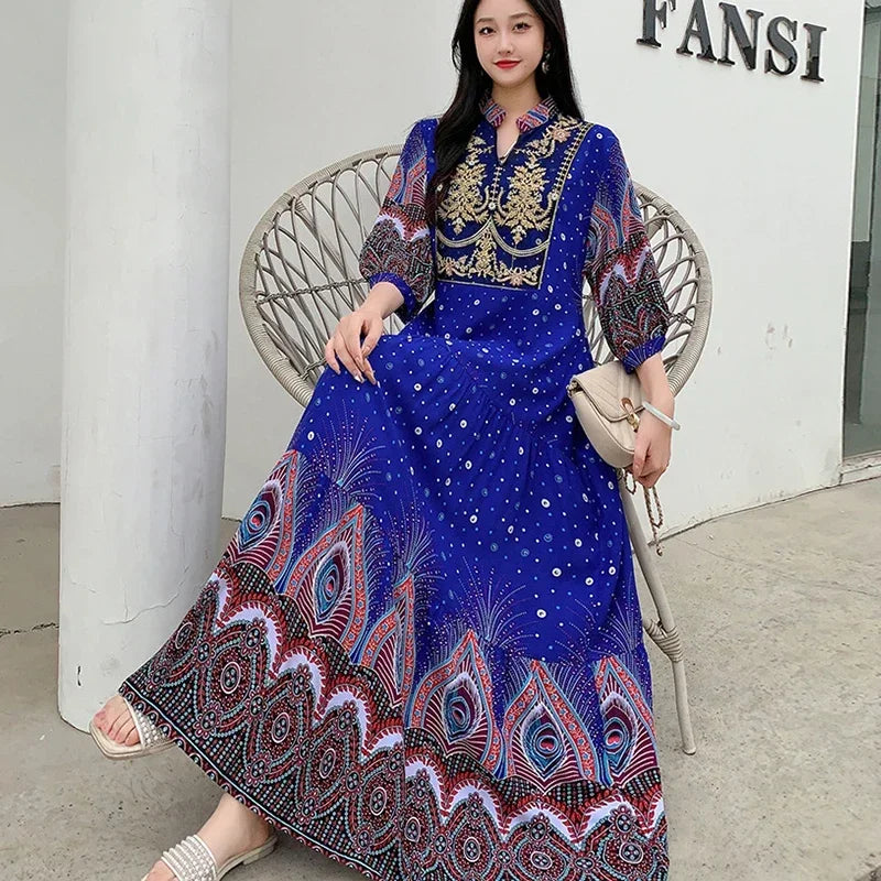 Summer Autumn Robe Maxi Long Dress Women Indian Clothes Boho Cotton Print Floral Boho Korean Style Fashion Casual Vestido Largos