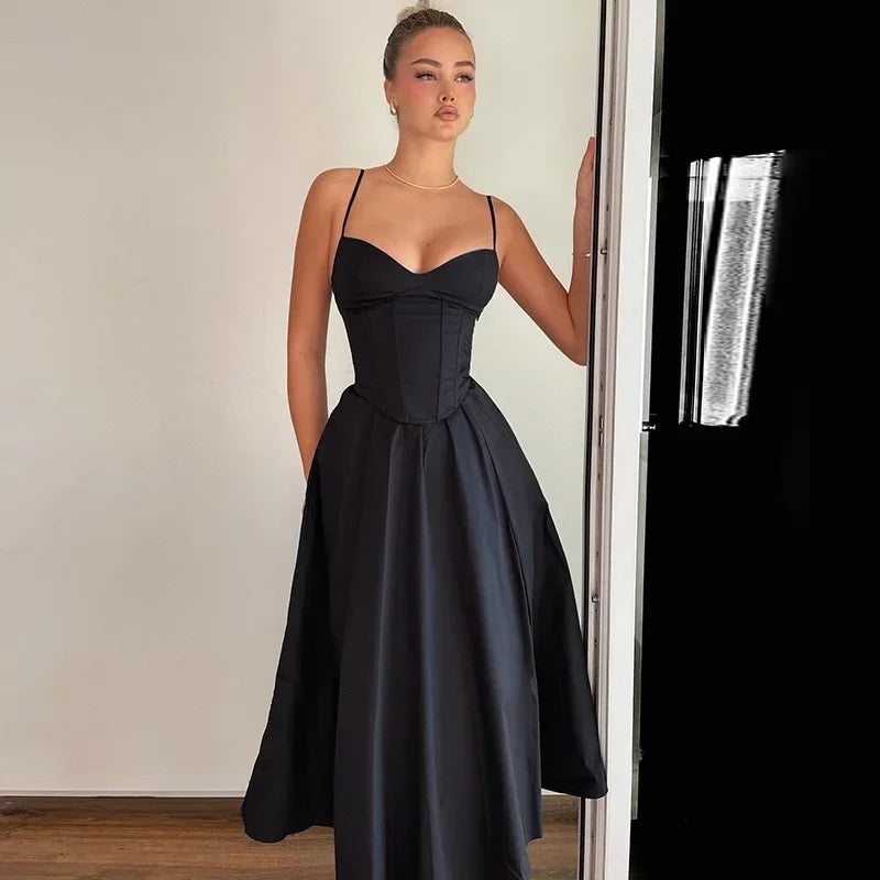 Sexy V-Neck Tank Long Dress Black Open-Back Sexy Dress Women's Summer New Arrival 2024 Fashion French Style Cross-Border Design