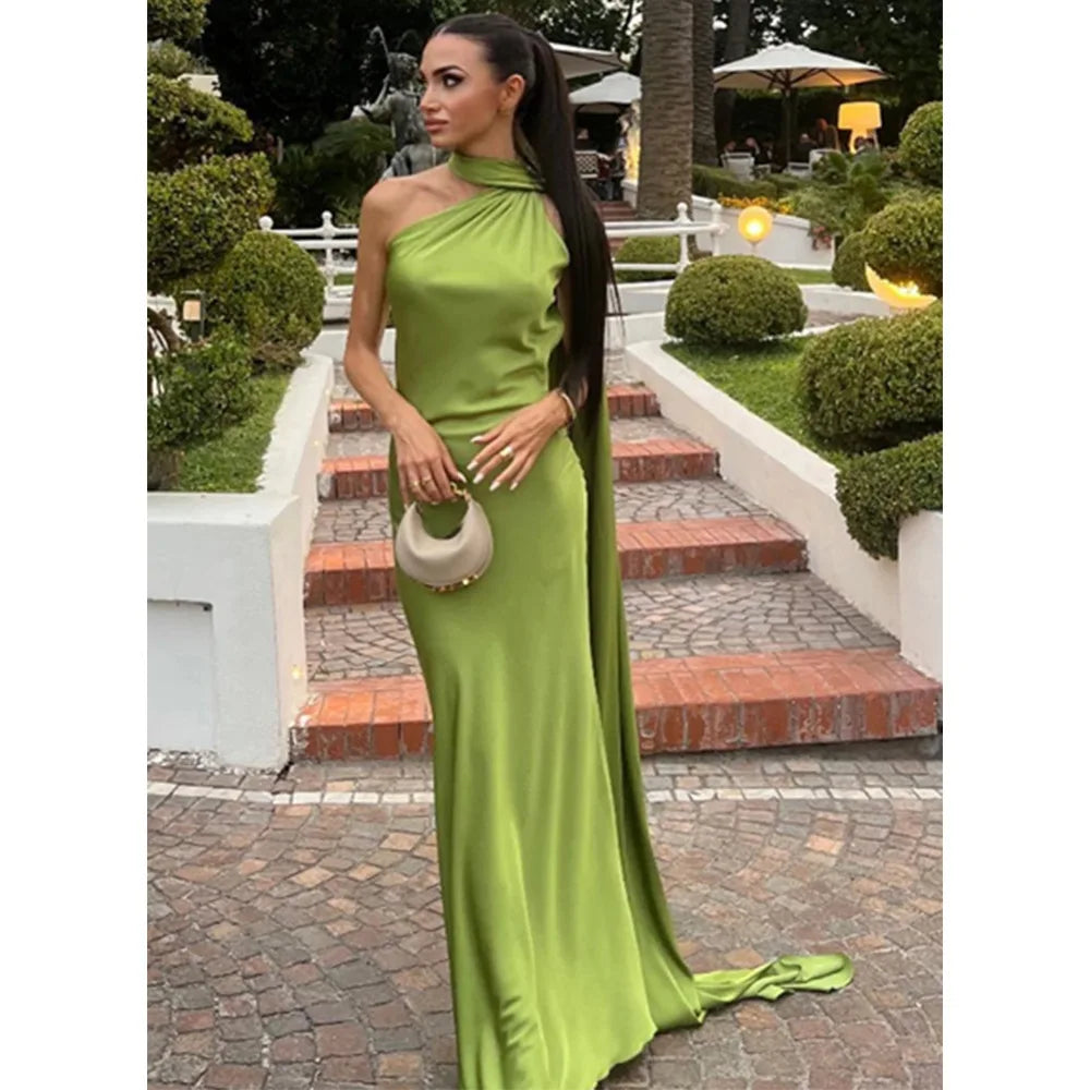 VEITCHE Elegant Women's Soft Silk Satin Long Dress Halter Backless Sleeveless Ribbon Maxi Dresses 2025 Summer Lady Party Gowns