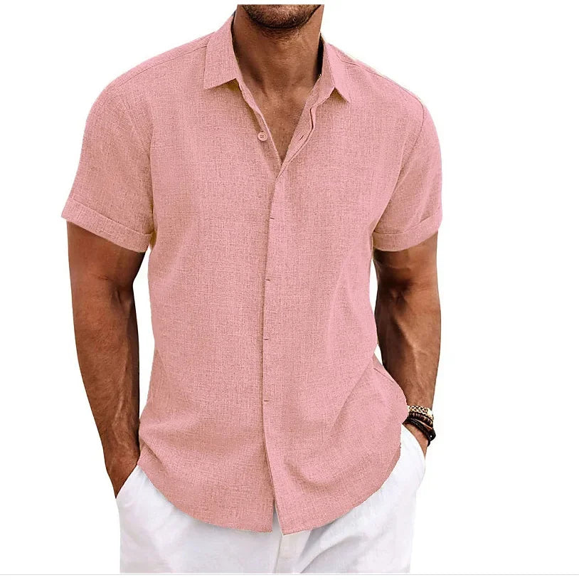 High Quality Cotton Linen Double Placket Men's Cardigan Short Sleeves Summer Home Use Lapel Shirt Cross-Border Style