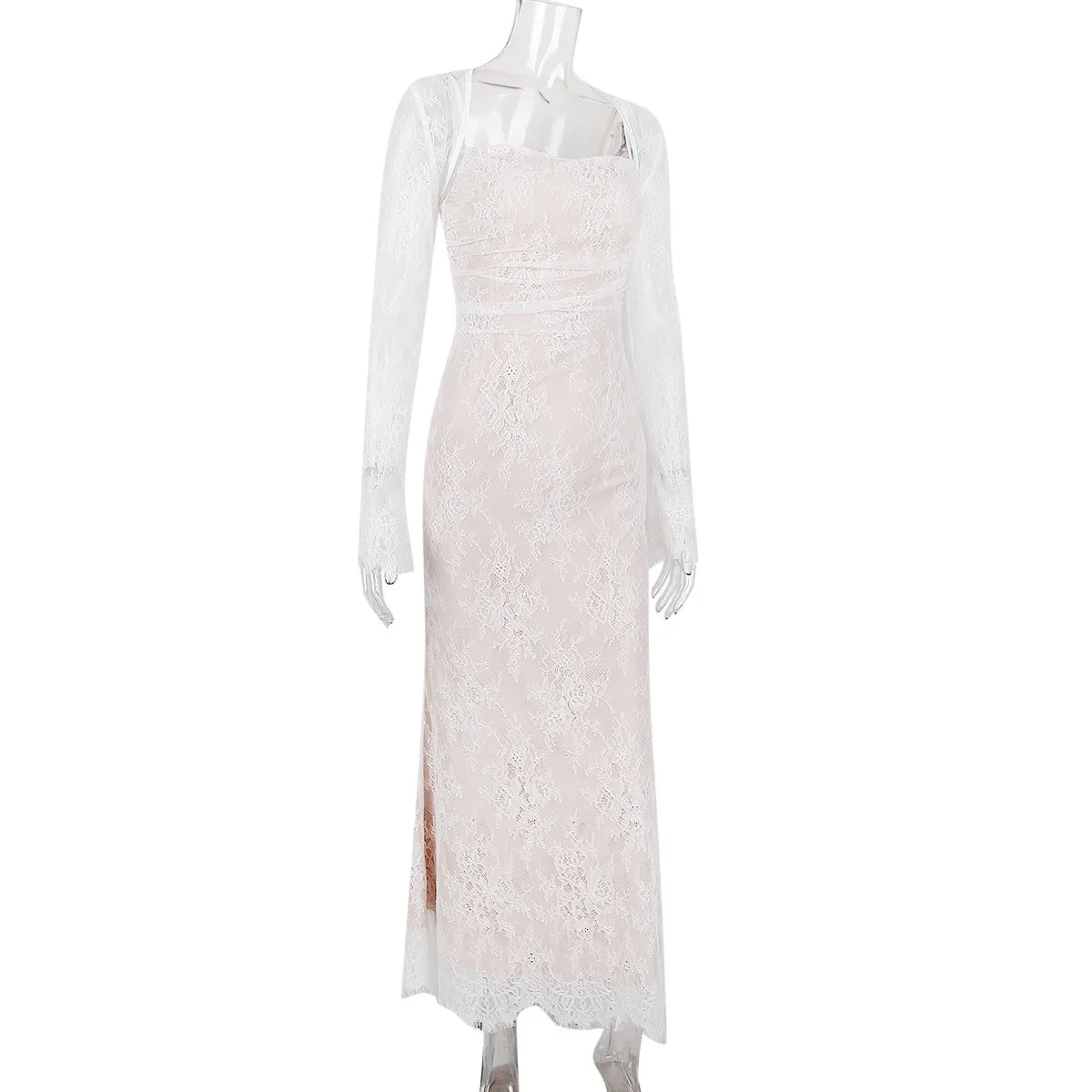 Mozision Elegant Lace Print Maxi Dress Set Women Fashion Spaghetti Strap Long Sleeve Bodycon Club Party Sexy Long Dress