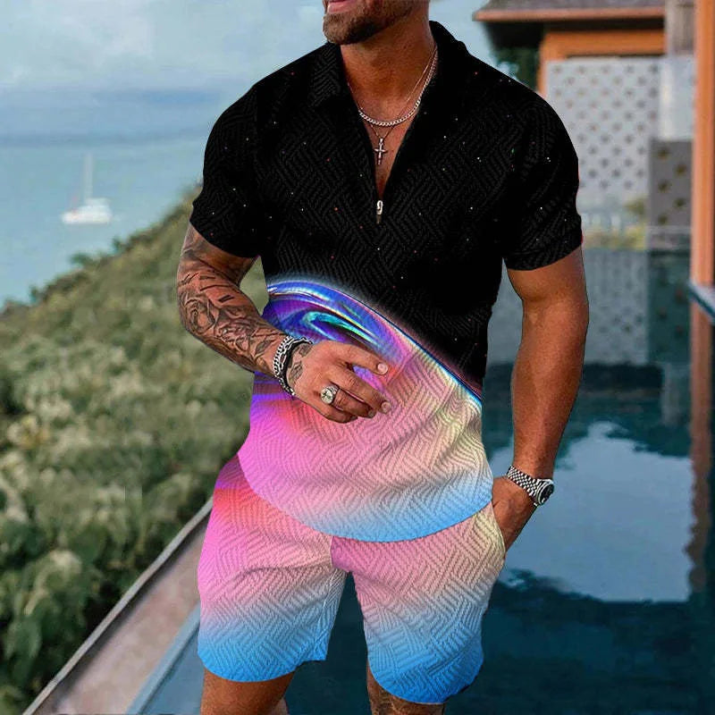 Solid Color Gradient Print Men's Sweatsuit Set Summer Casual Zipper Polo Shirt And Shorts 2pcs Sets Trend Man Pullover Clothing
