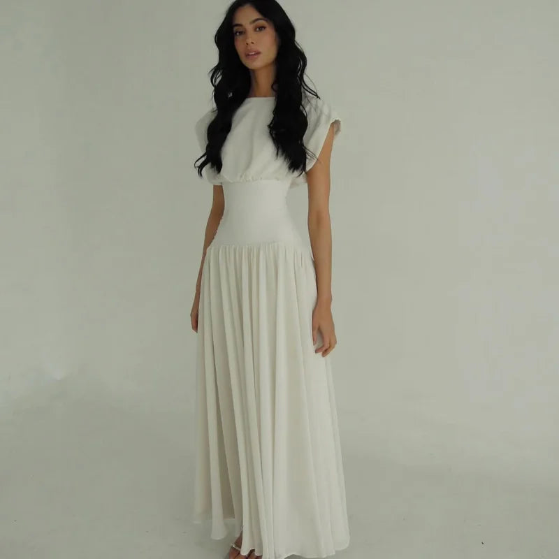 Elegant Sleeveless Girdling Long Dress Women O-neck High Waist Solid A-line Long Big Swing Dresses 2025 Summer Holiday Lady Robe