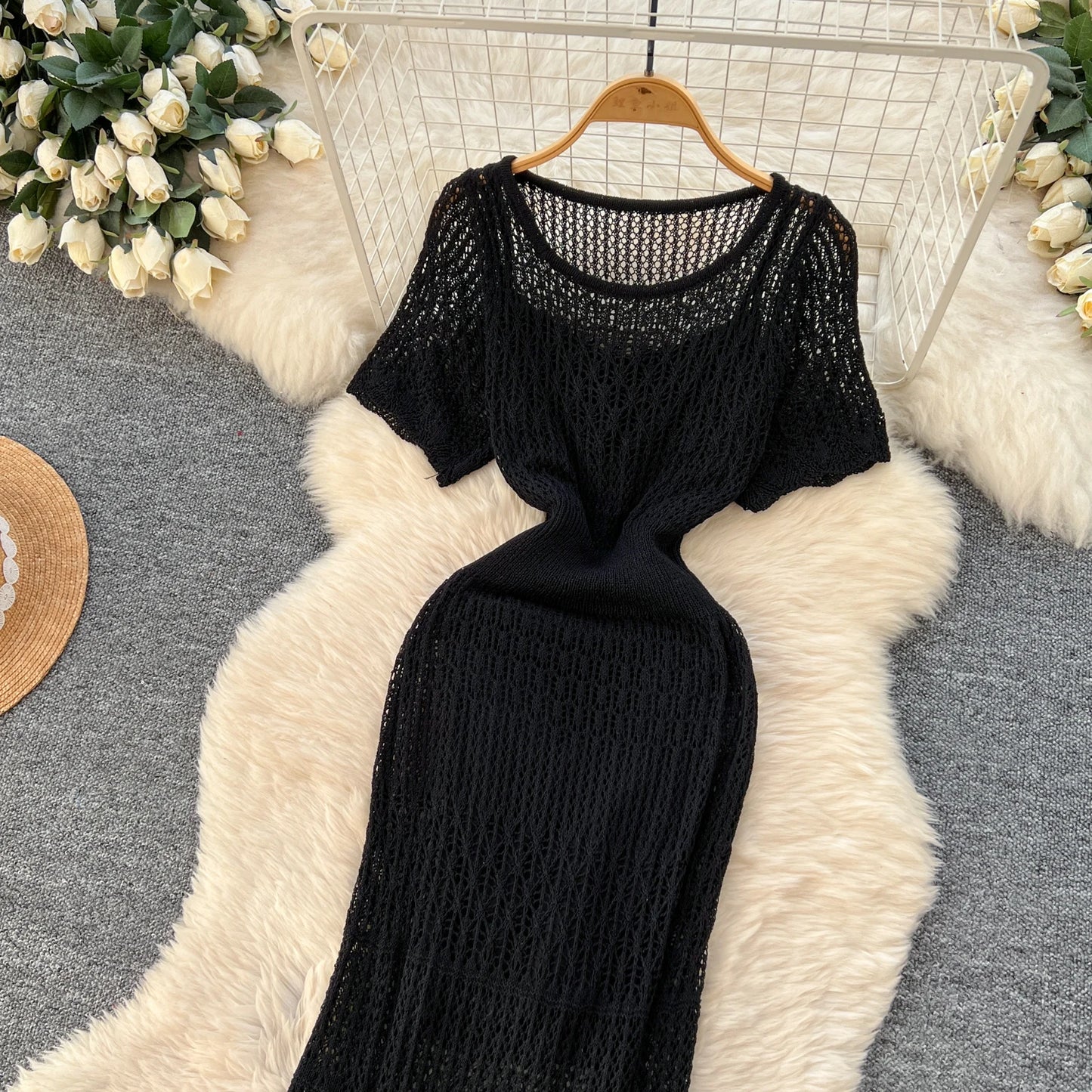 SINGREINY Vacation Style Casual Dress Suits Solid Strap Short Sundress+Knitting Hollow Out Long Dress Korean Women Beach Sets