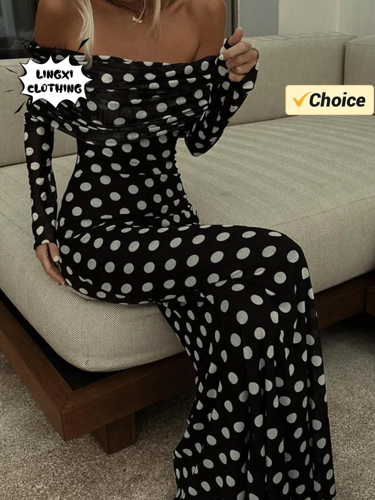 2024 Summer Fashion Vacation Style Fashion Party Women's Long Elegant One Shoulder Wave Dot Slim Fit Sexy Long Dress