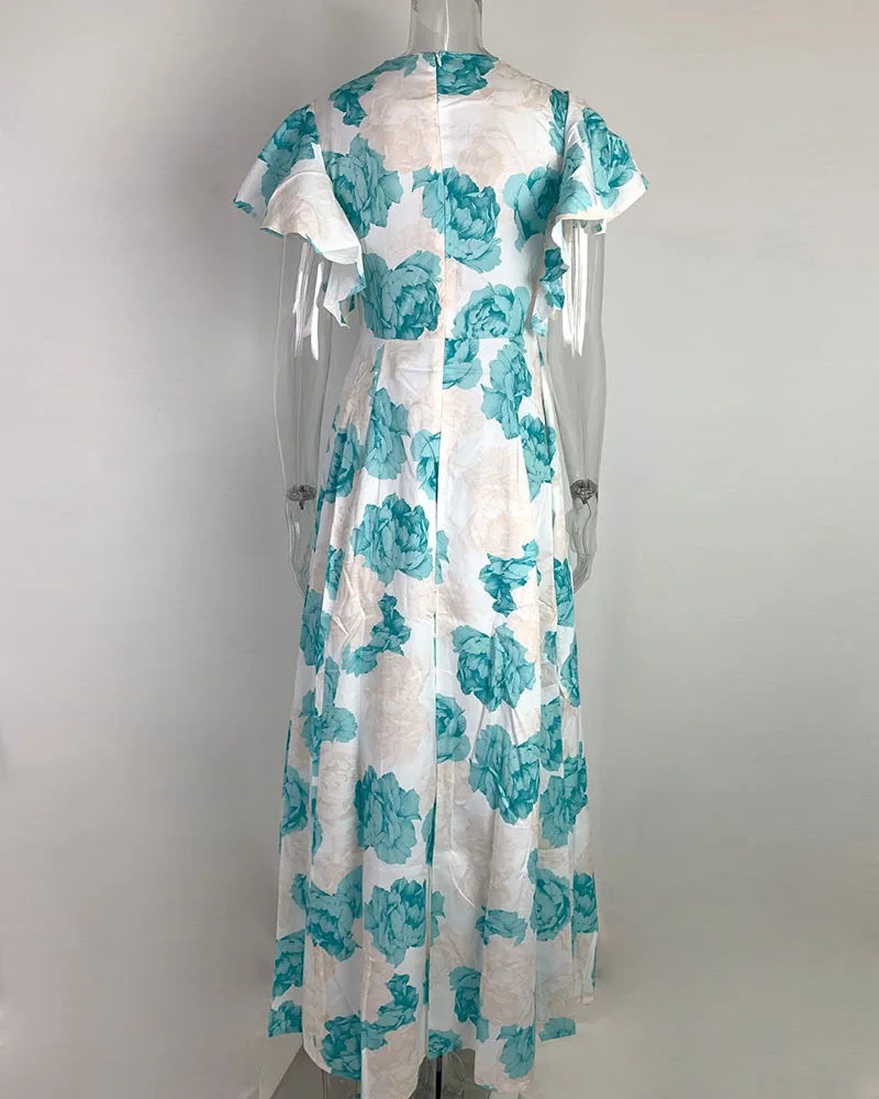 Women Summer Long Dress Floor Length 2024 New Floral Print V-neck Sexy Waist Big Swing Woman Casual Dresses Vestidos GHH9040