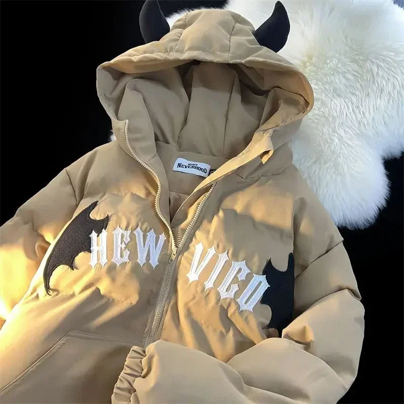 Winter New Cotton Jacket Devil Wing Embroidery Bread Jackets Men's Women's Vintage Harajuku Casual Loose Hooded Cotton-padded