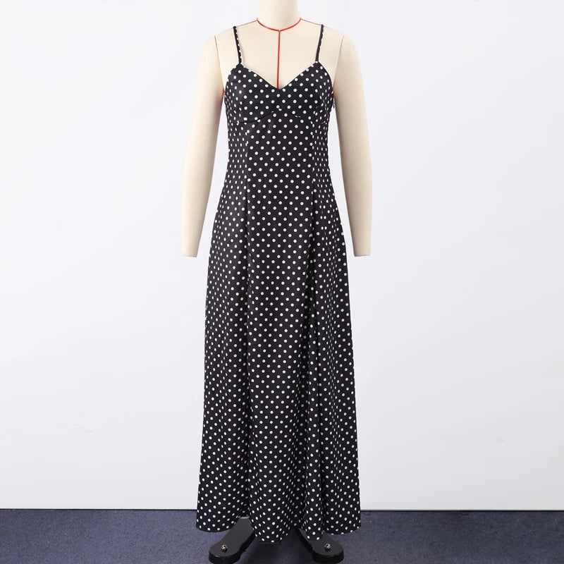 Dot Print Strapless Long Dress Women Retro V-neck Sleeveless Backless High Waist Dresses Female 2025 Spring New Lady Party Robes