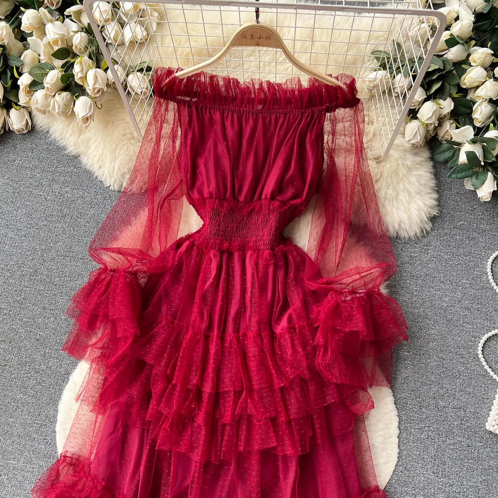 SINGREINY Mesh Party Long Dress Women Ruffle Long Sleeve Slash Neck Elastic Waist French Ladies Summer Elegant A Line Dresses