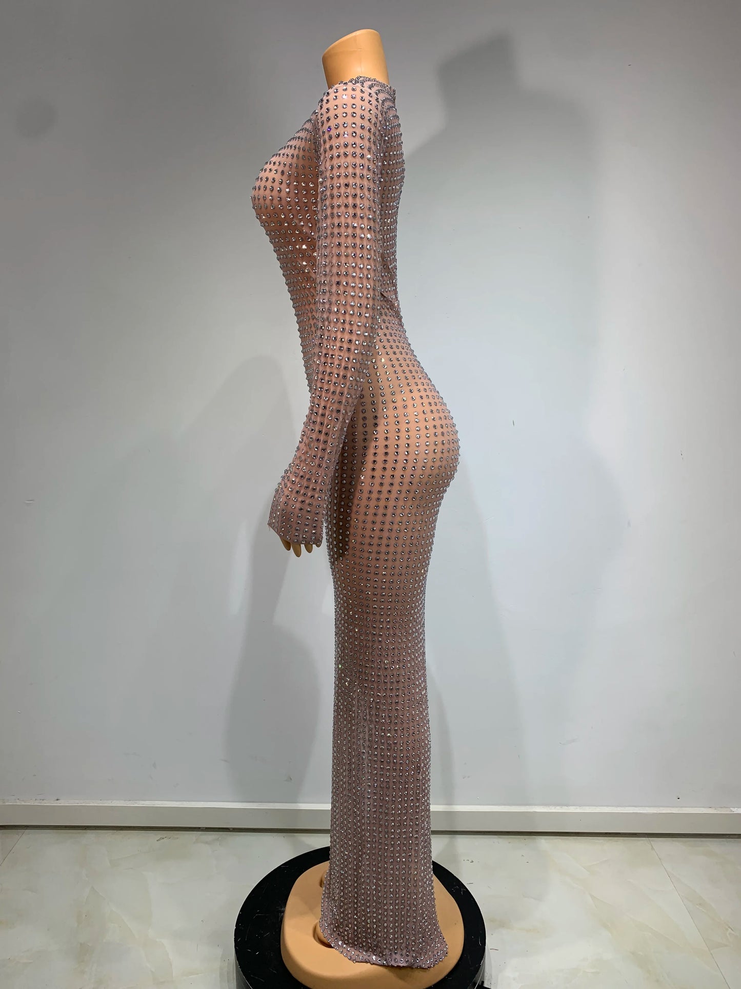 Luxury Celebrity Party Long Dress Women Sexy Mesh See Through Birthday Costume Sparkly Rhinestones Evening Elegant Gowns