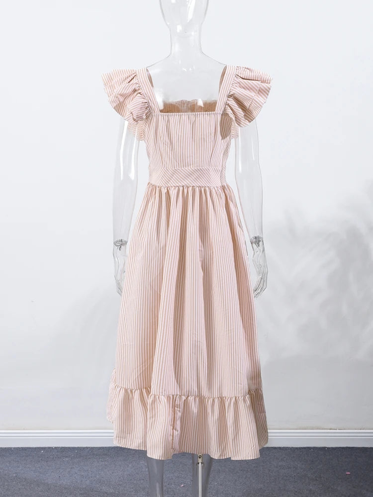 Flying Sleeve Ruffle Striped Slip Long Dress Women Elegant Square Collar Waist Cinching Pleat Party Dresses Chic Ladies Vestido