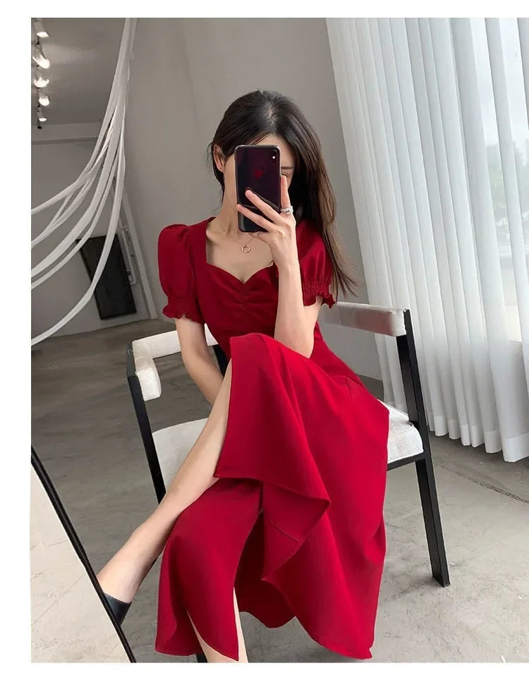 Sweet Vintage French Style Women's Long Dress Summer Hot Sale Of The Season New Bubble Sleeve Square Collar A- Line Split Skirt