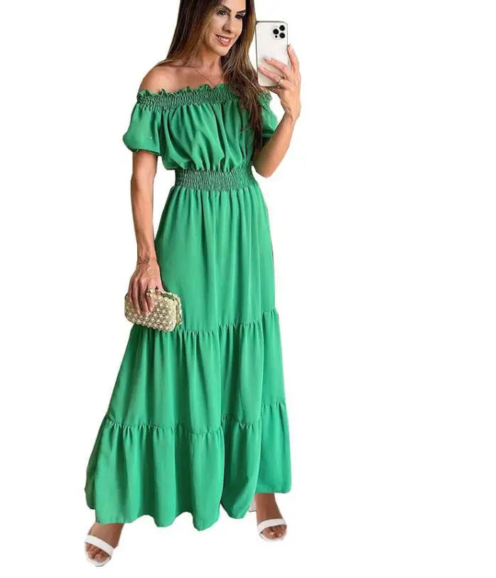 Women's Dress One-line Collar Spring And Summer Short-sleeved New Green Long Dress Fashion Casual Loose Beach Party Dresses Robe