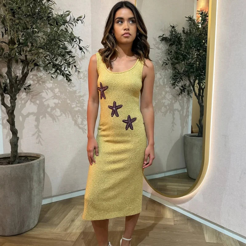 Star Pattern Knitted Sequins Long Dress Women Sleeveless O-neck Solid 2025 Summer Fashion Slim Dresses Vacation Party Vestidos