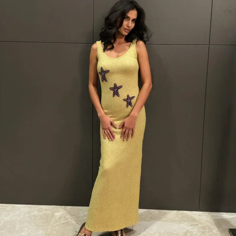 Star Pattern Knitted Sequins Long Dress Women Sleeveless O-neck Solid 2025 Summer Fashion Slim Dresses Vacation Party Vestidos