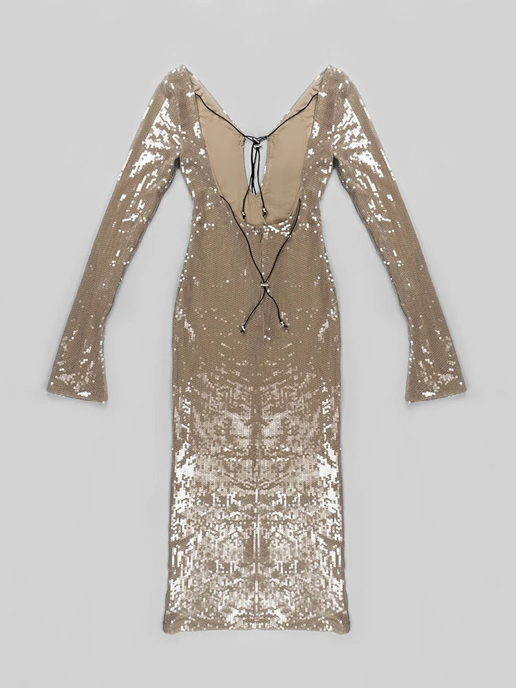 BEVENCCEL Sexy Luxury Sequins Deep V Long Sleeve Backless Sequins Long Dress Elegant Bodycon Maxi Evening Party Clubwear Dress
