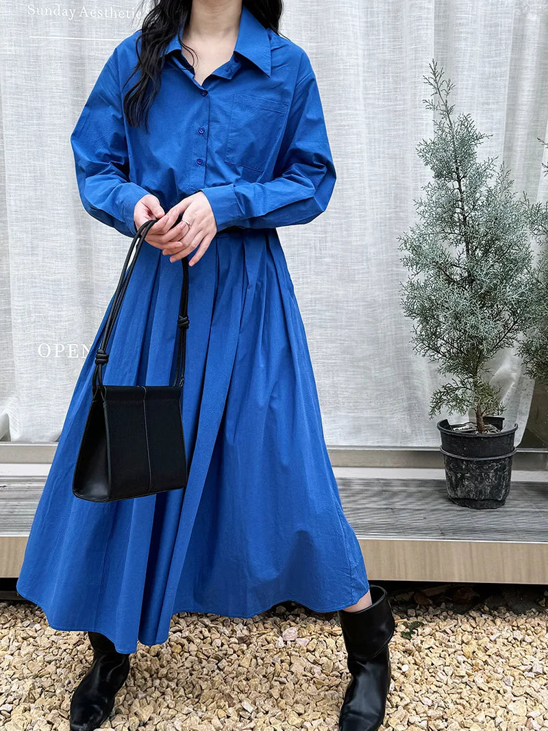 Polo‘s Collar Shirt Dress Women Spring Slimming Long Dress With A Cinched Waist Blue / Pink