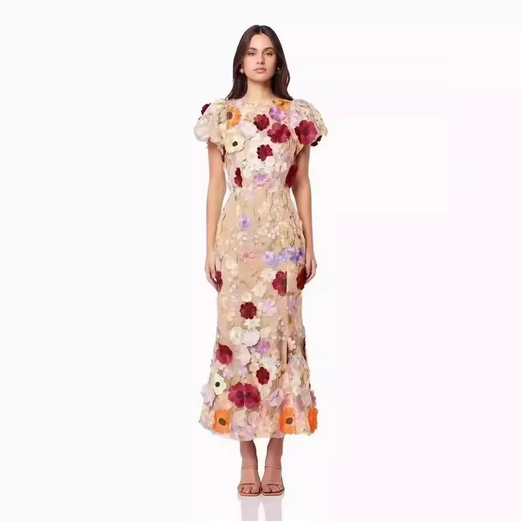 Women Long Dress Commuter Round Neck Embroidered Three-dimensional Floral Puff Sleeves Elegant High Waist Wrap The Buttocks