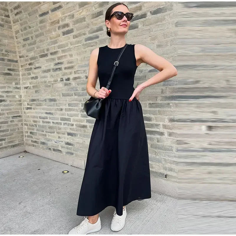 Fashion Patchwork Long Dress For Women Chic O-neck Sleeveless Party Midi Dresses Female Elegant Evening Holiday Lady Vestidos