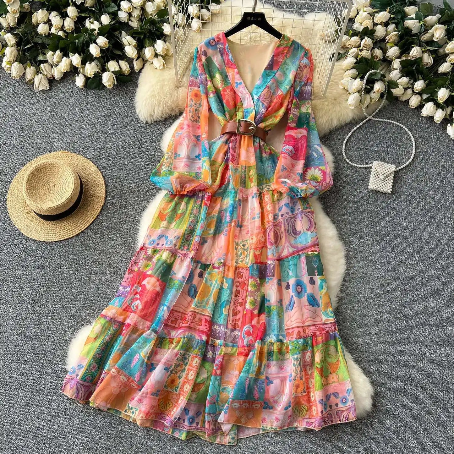 XFPV 2025 Spring New Fashion High-end V-neck Lantern Sleeves High Waist Print Swing Ruffle Edge Chiffon Long Dress Women SM11517